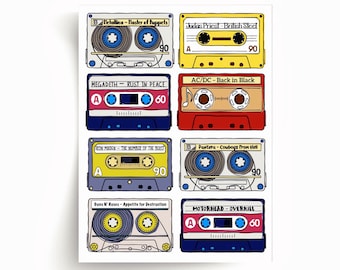 May include: A print showing eight cassette tapes with album titles and artist names. The tapes are in various colours, including yellow, red, and blue. The albums include Metallica, Judas Priest, Megadeth, AC/DC, Iron Maiden, Pantera, Guns N' Roses, and Motorhead.