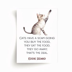 Peut inclure: Impression rectangulaire blanche avec une illustration à l'aquarelle d'un chat tigré gris avec une patte levée. L'impression comprend la citation "CATS HAVE A SCAM GOING...THAT'S THE DEAL." d'Eddie Izzard.