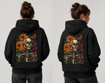 Hoodie met schedel en zonnebloemen | Grafische trui met bloemenskelet