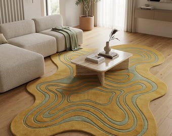 Modern Abstract Area Rug 6x9 8x10, Organic Shape Hand-Tufted WoolRug, Wavy Irregular Yellow Sage Green Carpet, Contemporary Living Room Rug