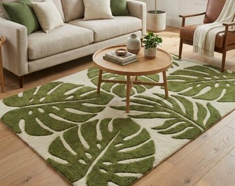 Botanical Monstera Hand-Tufted Wool Area Rug 6x9 8x10, Tropical Modern Living Room Carpet