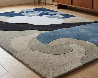 Blue Hand-Tufted Wool Area Rug 6x9 8x10, Hand Tufted Contemporary Carpet