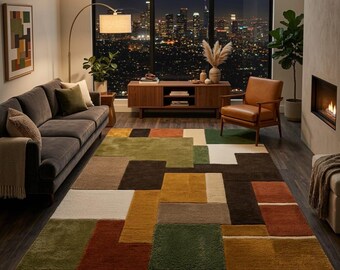 Abstract Geometric Area Rug 6x9 8x10, Patchwork Modern Rug, Earth Tone Carpet, Mid Century Living Room Rug, HandTufted Wool Rug
