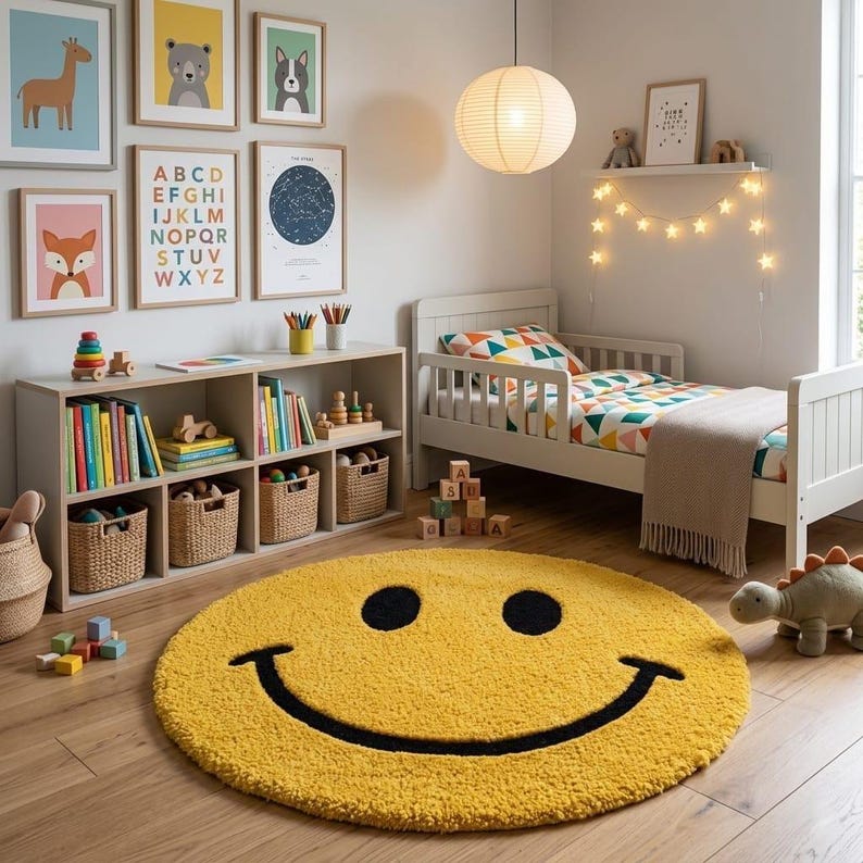 Pu&ograve; includere: Cameretta con un tappeto giallo a forma di faccina sorridente, un letto bianco e una libreria piena di libri e giocattoli. Stampe di animali incorniciate e una stringa di luci a forma di stella decorano le pareti. Un peluche a forma di dinosauro &egrave; sul pavimento.