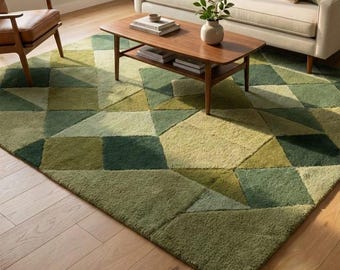 Hand Tufted Green Geometric Area Rug 6x9 8x10, Modern Scandinavian Living Room Carpet