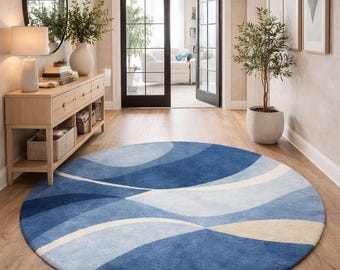 7ft Hand Tufted Blue Round Area Rug | Modern Abstract Blue Wave Carpet | Living Room & Bedroom Decor