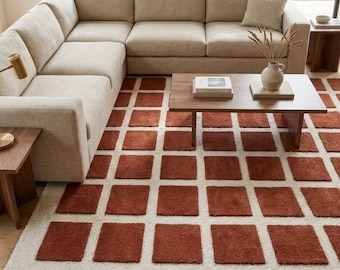 Geometric Area Rug 6x9 8x10, Handtufted Wool Rug, Rust & Cream Checkered Rug, Rug for Living Room Bedroom, Ivory Area Rug