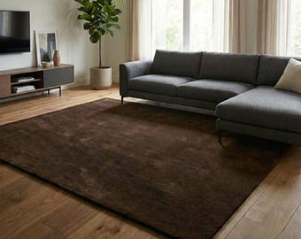 Solid Dark Brown Area Rug 6x9 8x10, Minimalist Neutral Carpet, Modern Plain Rug for Living Room Bedroom, Hand-Tufted Wool Rug