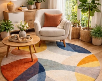 Abstract Round Hand Tufted Wool Rug 6ft 7ft, Geometric Multicolor Wool Carpet, Contemporary Living Room Decor