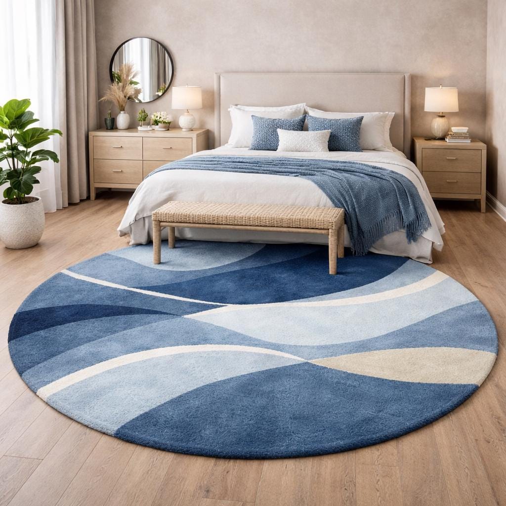 7x7 Hand Tufted Blue Round Area Rug | Modern Abstract Blue Wave Carpet ...