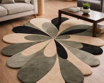 Hand-Tufted Wool Petal Rug 5x7 6x9 | Modern Beige & Green Abstract Carpet