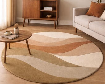 Hand-Tufted Round Wool Area Rug 6x6 8x8 | Neutral Wave Area Rug, Rug for Living Room Bedroom , Large Area Rug, 7x7 Round Area Rugs