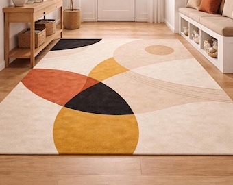 Hand-Tufted Wool Area Rug 6x9 8x10, Beige Mustard Black Rug, Large Area Rug, Rug for Living Room Bedroom