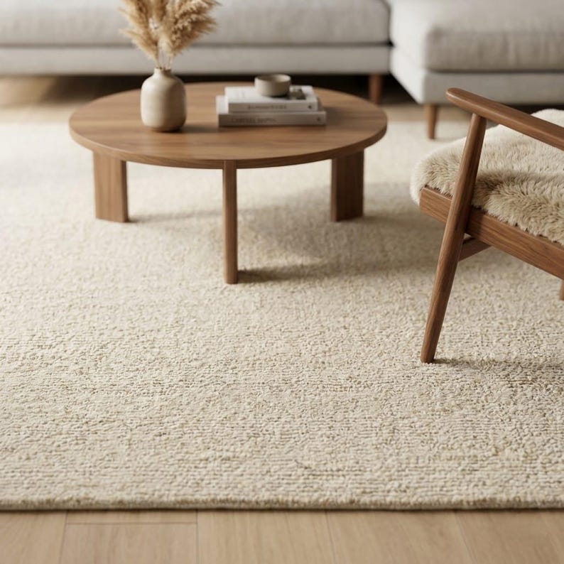 May include: A neutral-toned, textured area rug in a living room setting. A round wooden coffee table with books and a vase of dried plants sits on the rug. A wooden chair with a sheepskin seat and a light-colored sofa are also visible.