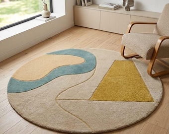 Abstract Round Area Rug 6ft 8ft | Modern Geometric Color Block Rug | Beige Blue Mustard Scandinavian Rug | Mid Century Living Room Rug