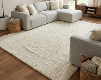 8x10 Hand-Tufted Wool Area Rug | Modern Abstract Cream Carpet | Neutral Living Room Rug | Soft Minimalist Floor Rug | Custom Size Available