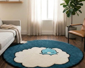 Cartoon Cloud Round Area Rug 6ft 7ft, Kids Room Carpet, Soft Nursery Rug, Hand-Tufted Wool Rug 9ft Round Playroom Rug 5ft