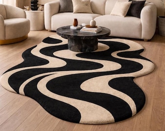 Hand-Tufted Wool Area Rug 5x7 6x9 – Black & Beige Wavy Abstract Carpet