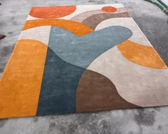 Hand-Tufted Wool Rug Area 6x9 8x10, Mid-Century Modern Geometric Rug, Living Room Rug, Color Block Rug, Large Area Rug 9x12