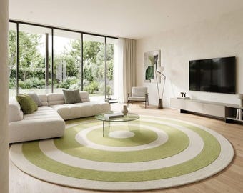 Alfombra redonda verde oliva de 2,34 m (7 pies 8 pulgadas), alfombra moderna de círculos concéntricos, alfombra suave con mechones para sala de estar, habitación infantil o dormitorio de 1,93 m (6 pies 4 pulgadas).