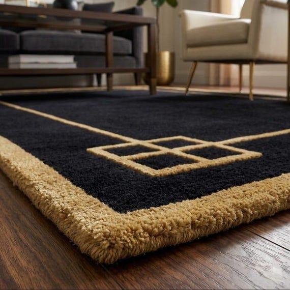 Black Gold Geometric Area Rug 6x9 8x10, Modern Border Living Room Rug, Luxury Contemporary Carpet, Hand Tufted Wool Rug 9x12