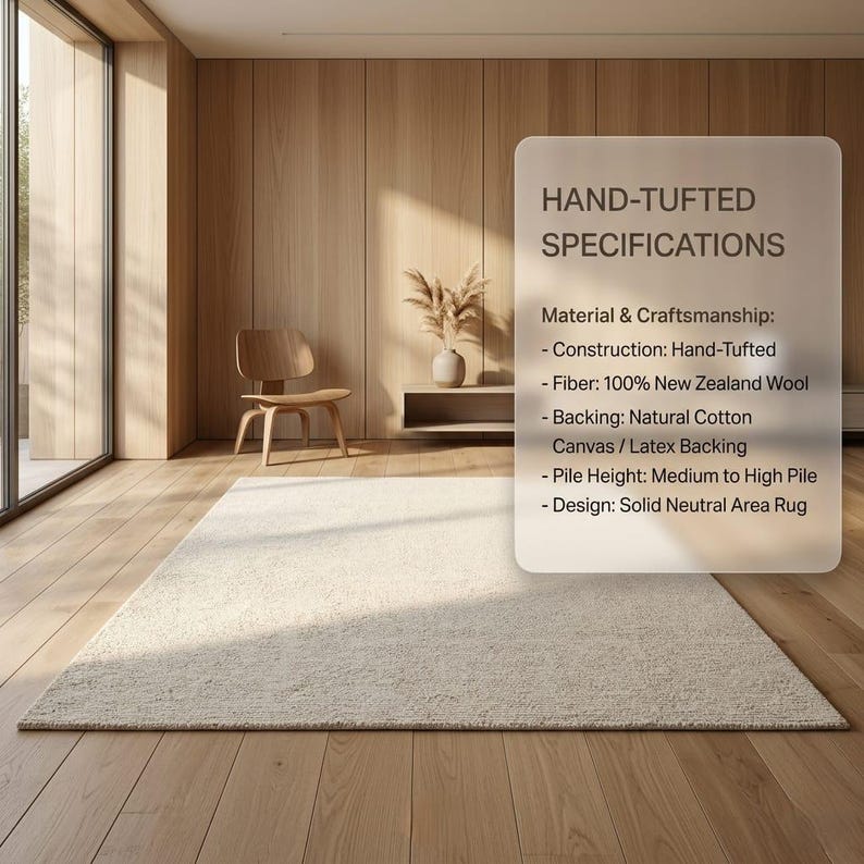 May include: A neutral-toned, hand-tufted area rug with a medium to high pile, made from 100% New Zealand wool. The rug is rectangular and sits on a wooden floor in a well-lit room. The design is a solid, neutral color.