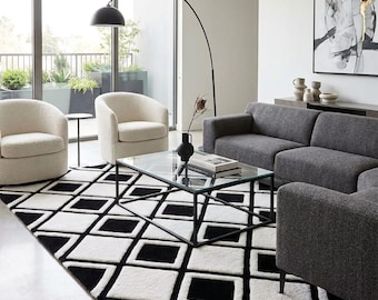 Black White Geometric Area Rug 6x9 8x10, Modern Diamond Pattern  Rug, Minimalist Scandinavian Carpet, Living Room Bedroom Rug