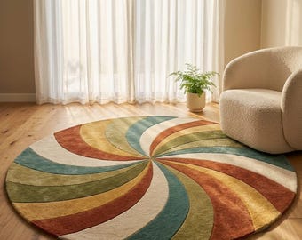 Abstract Swirl Round Area Rug, Hand Tufted Wool Rug, Retro Boho Living Room Rug, Colorful Modern Round Carpet