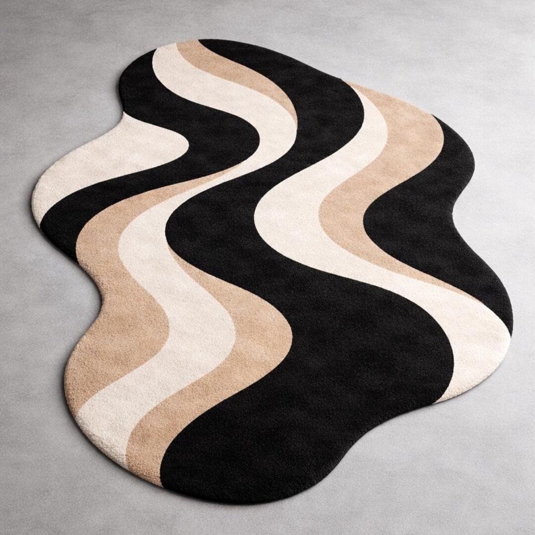 Modern Abstract Wavy Shaped Hand Tufted Rug | Beige Black Neutral Area ...
