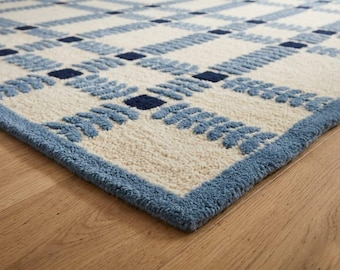 Blue Checkered Area Rug for Living Room 8x10, Modern Grid Pattern Rug, Hand Tufted Wool Rug, Cream & Blue Carpet 6x9 9x12, 5x7 Area Rug