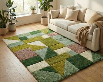 Hand-Tufted Geometric Green Wool Area Rug 8x10, Plush Patchwork Carpet, Modern Living Room Floor Rug 6x9 9x12