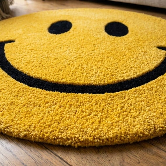 Smiley Face Round Area Rug 5ft 6ft 7ft, Cute Kids Room Rug, Soft Floor Rug, Aesthetic Dorm Decor, Handmade Tufted Rug