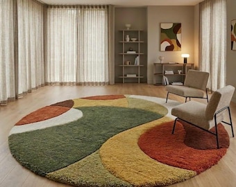 Abstract Round Area Rug for Living Room 6ft 7ft, Mid Century Modern Round Rug, Color Block Hand Tufted Wool Rug, Boho Round Rug,