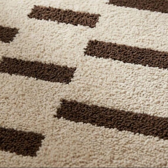 Modern Area Rug 6x9 8x10, Neutral Cream Brown Geometric Area Rug, Scandinavian Living Room Carpet, Hand Tufted Wool Rug