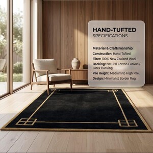 May include: A black, rectangular hand-tufted rug with a minimalist border design. The rug features a gold border and geometric corner details. Made from 100% New Zealand wool, it has a medium to high pile height.