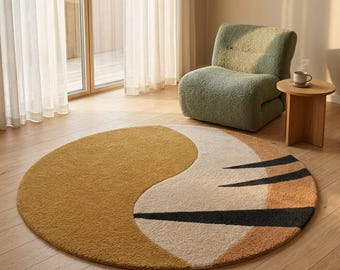 Abstract Round Area Rug 6x6 7x7, Hand Tufted Wool Rug, Neutral Boho Rug for Living Room Bedroom, Geometric Floor Rug 5ft 8ft