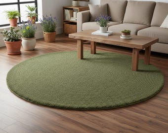 Olive Green Round Area Rug 6ft 7ft – Modern Minimalist Carpet, Hand Tufted Wool Rug