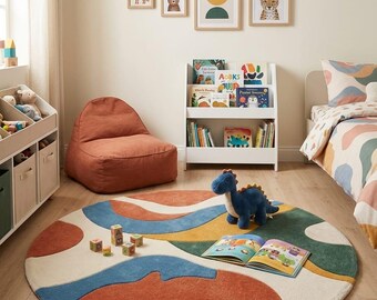 Alfombra infantil abstracta colorida, alfombra redonda de lana tejida a mano de 1,68 m (5 pies 6 pulgadas), alfombra para sala de juegos, alfombra para guardería, alfombra geométrica moderna de 2,68 m (8 pies 9 pulgadas)