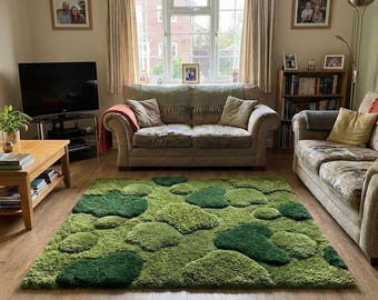 Hand Tufted Moss Green Wool Rug 5x7 6x9, 3D Pebble Texture Carpet, Nature Inspired Living Room Rug