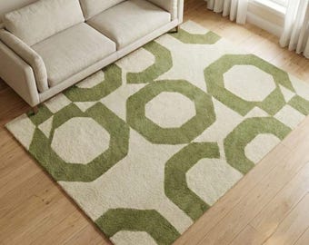 Hand Tufted Green Geometric Area Rug 6x9 8x10, Modern Scandinavian Carpet, Abstract Living Room Decor