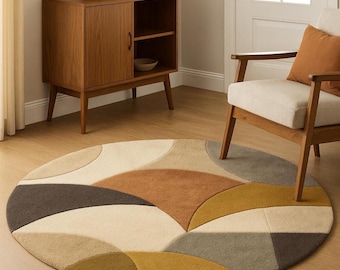 6ft Hand-Tufted Wool Round Area Rug, Modern Geometric Earth Tone Carpet
