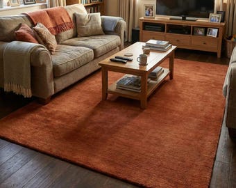 Solid Rust Area Rug for Living Room 8x10, Soft Handmade Tufted Rug, Bedroom Area Rug 6x9, Hand Tufted Wool Rug, Large Area Rug