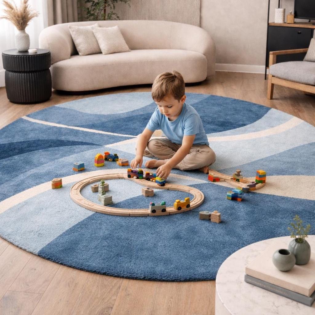 7x7 Hand Tufted Blue Round Area Rug | Modern Abstract Blue Wave Carpet ...