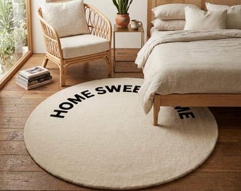 Home Sweet Home Round Area Rug 6ft 7ft, Minimalist Neutral Beige Carpet, Cozy Living Room Rug, Soft Bedroom Rug, Housewarming Gift