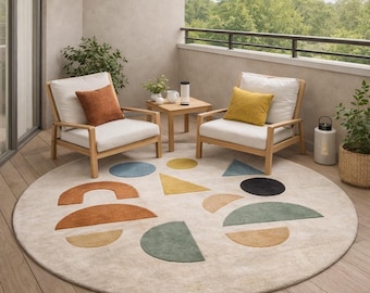 7x7ft Round Geometric Area Rug Hand Tufted Wool Rug – Modern Abstract Neutral Carpet for Living Room & Home Decor