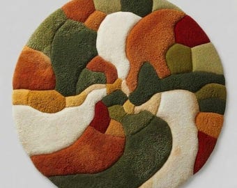 6ft Abstract Round Area Rug, HandTufted Wool Rug, Modern Boho Rug, Handmade Wool Living Room Rug 7ft 8ft 5ft, Colorful Contemporary Carpet