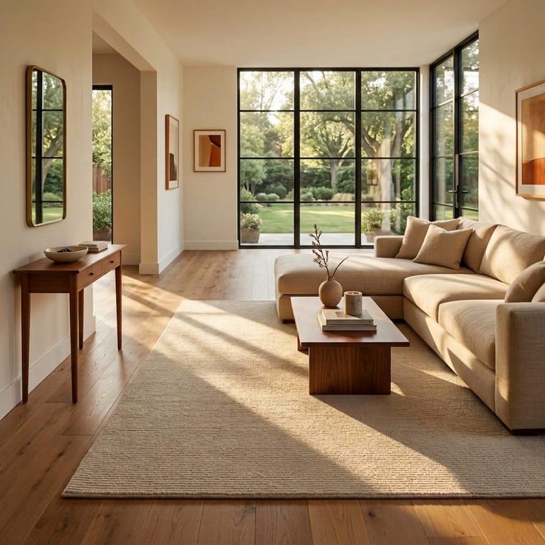 May include: A modern living room with a beige sectional sofa, a wooden coffee table, and a light-colored rug. Large windows offer a view of a lush green yard. The room is bathed in natural light, creating a warm and inviting atmosphere.