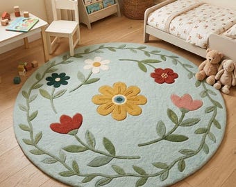 7ft Round Floral Area Rug, Botanical Hand-Tufted Wool Rug, Modern Boho Round Rug, Nursery Kids Room Carpet, Soft Living Room Rug 8ft 9ft