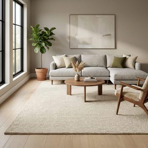 May include: A neutral-toned living room featuring a light gray sectional sofa with several pillows, a round wooden coffee table, and a cream-colored rug. A potted plant and artwork add decorative elements to the space.