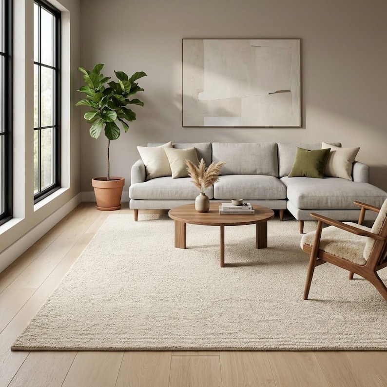 May include: A neutral-toned living room featuring a light gray sectional sofa with several pillows, a round wooden coffee table, and a cream-colored rug. A potted plant and artwork add decorative elements to the space.